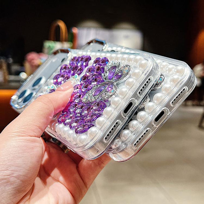 Funda para teléfono acrílica hecha a mano con perlas, doble mariposa y diamantes de imitación, For iPhone 17 Pro Max, For iPhone 17 Pro, For iPhone 17, For iPhone 16 Pro Max, For iPhone 15 Pro Max