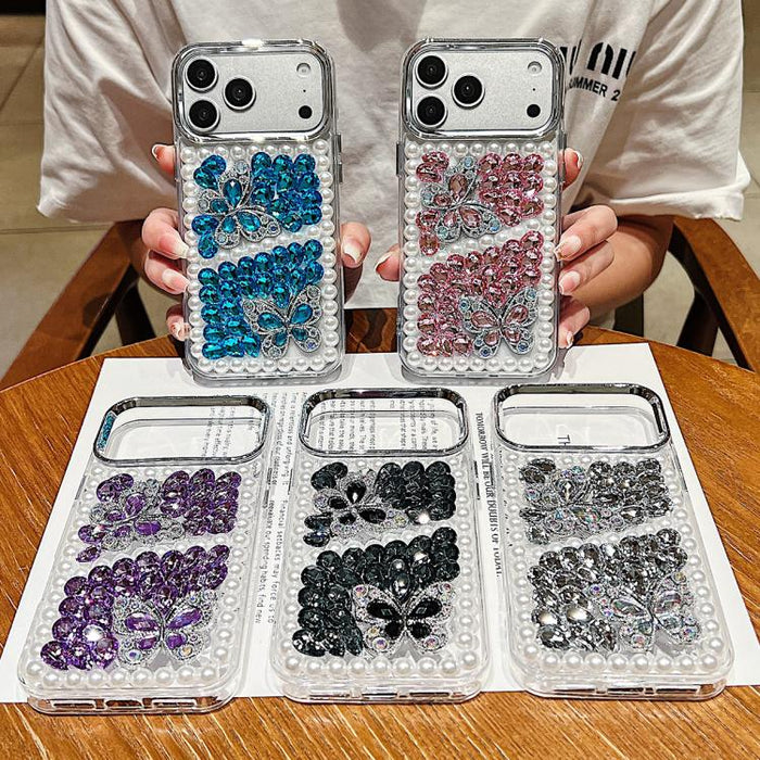 Funda para teléfono acrílica hecha a mano con perlas, doble mariposa y diamantes de imitación, For iPhone 17 Pro Max, For iPhone 17 Pro, For iPhone 17, For iPhone 16 Pro Max, For iPhone 15 Pro Max