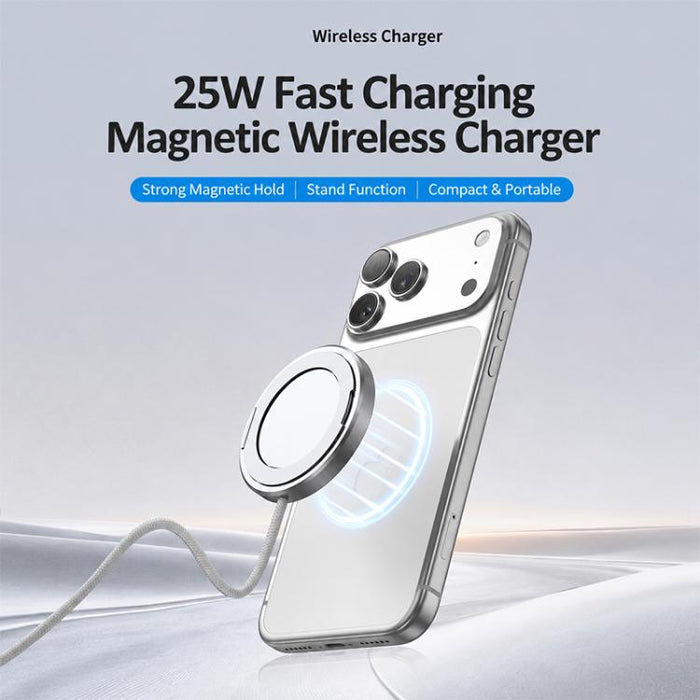 Cargador inalámbrico magnético de carga rápida de 25 W con función de soporte.