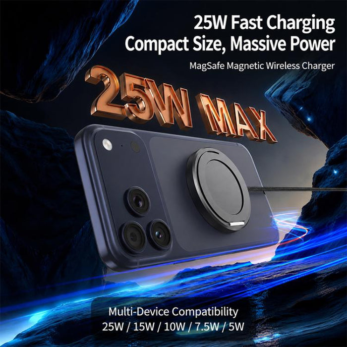 Cargador inalámbrico magnético de carga rápida de 25 W con función de soporte.