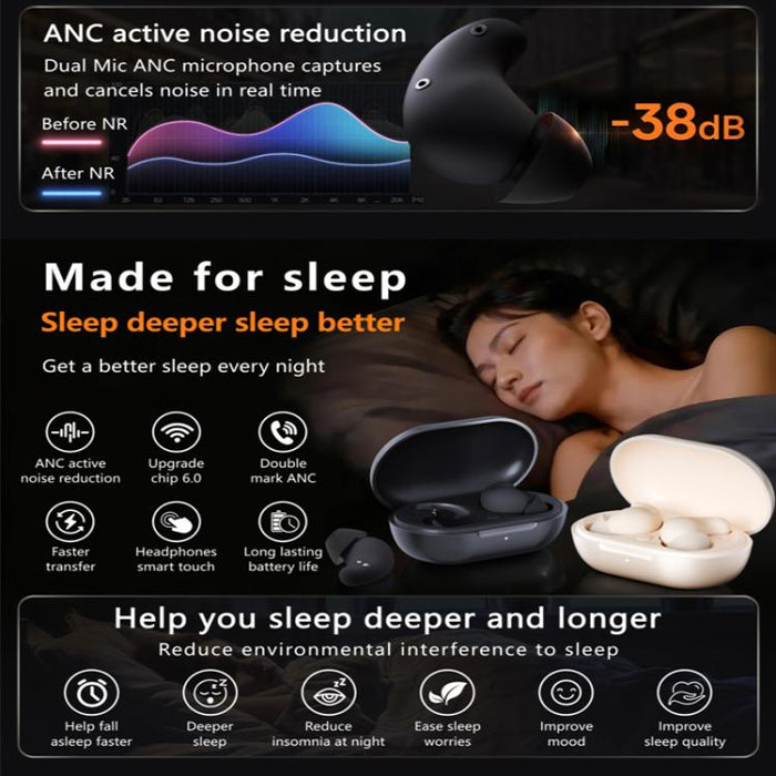 Auriculares Bluetooth S1 intrauditivos con cancelación de ruido activa (ANC) para dormir.