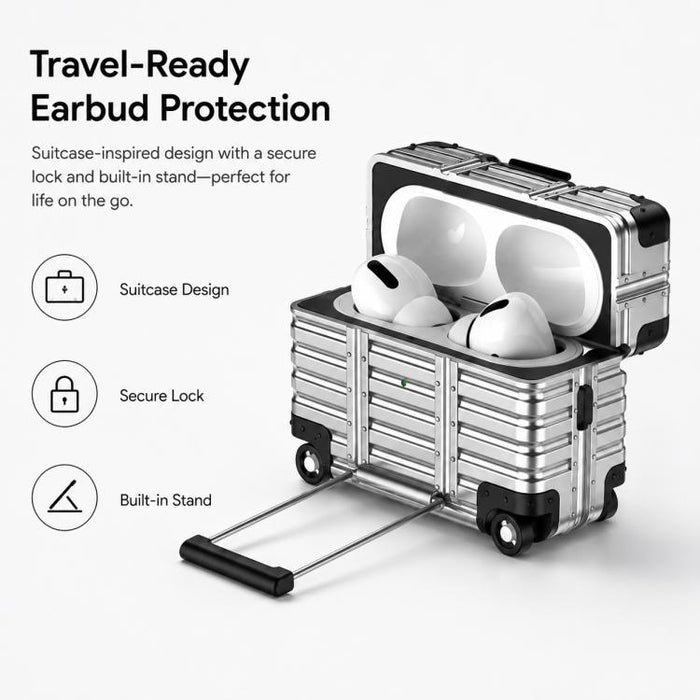 Funda para auriculares XDcase con diseño de maleta, híbrida de PC y TPU, con soporte., For AirPods Pro 3, For AirPods Pro 2 / 1