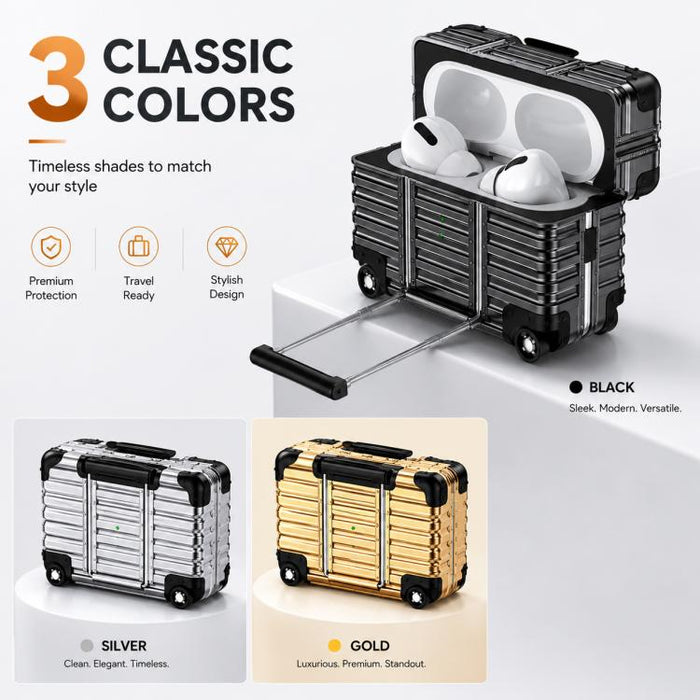 Funda para auriculares XDcase con diseño de maleta, híbrida de PC y TPU, con soporte., For AirPods Pro 3, For AirPods Pro 2 / 1
