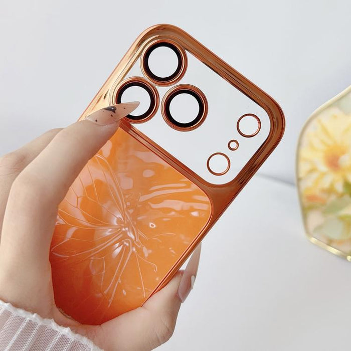 Funda para teléfono de policarbonato + cristal con diseño de mariposa y acabado galvanizado, For iPhone 17 Pro Max, For iPhone 17 Pro, For iPhone 17, For iPhone 16 Pro Max, For iPhone 16 Pro, For iPhone 16, For iPhone 15 Pro Max, For iPhone 15 Pro     ...