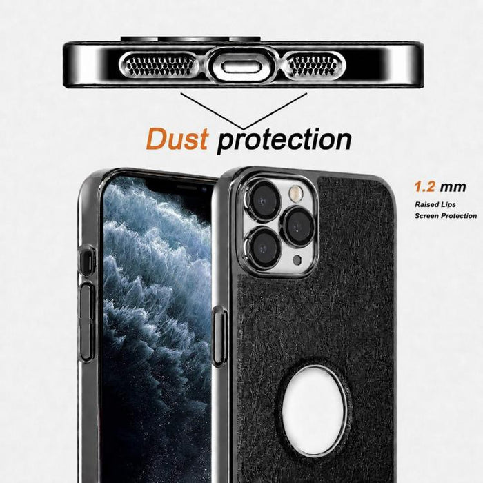Funda para teléfono con marco de policarbonato con textura de piel de vaca y revestimiento electrochapado, y funda de piel vegana., For iPhone 11 Pro