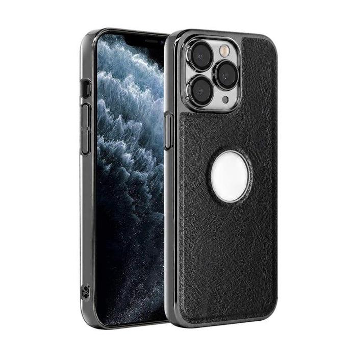 Funda para teléfono con marco de policarbonato con textura de piel de vaca y revestimiento electrochapado, y funda de piel vegana., For iPhone 11 Pro