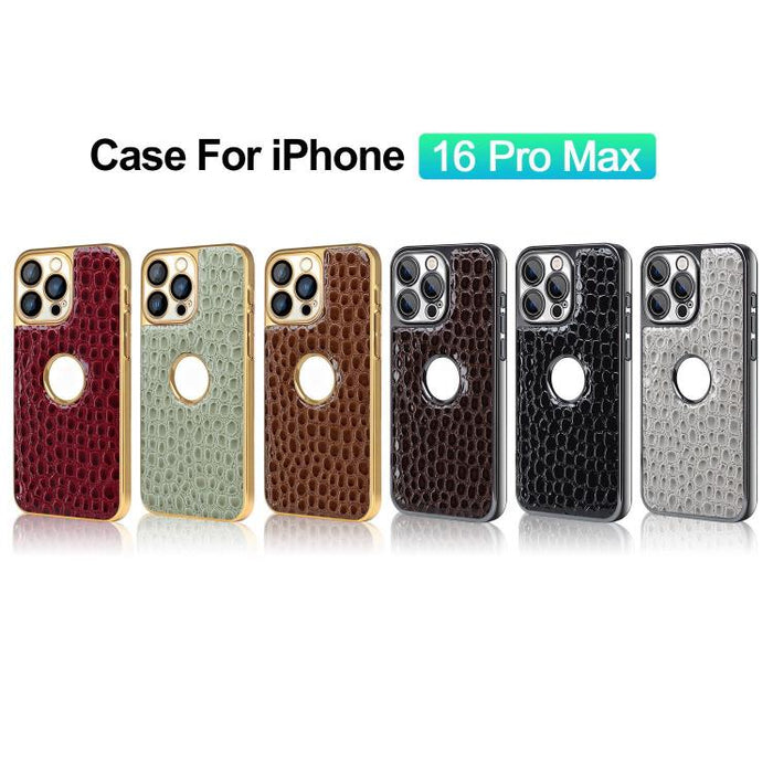 Funda para teléfono con marco galvanizado con textura de cocodrilo perlado y piel vegana., For iPhone 16 Pro Max, For iPhone 16 Pro, For iPhone 16 Plus, For iPhone 16, For iPhone 15 Pro Max, For iPhone 15 Pro, For iPhone 15 Plus, For iPhone 15         ...