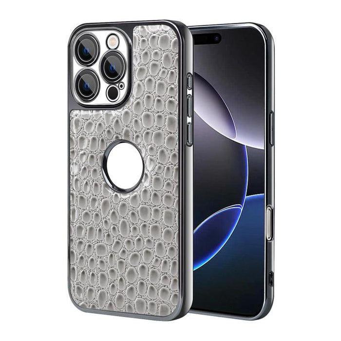 Funda para teléfono con marco galvanizado con textura de cocodrilo perlado y piel vegana., For iPhone 16 Pro Max, For iPhone 16 Pro, For iPhone 16 Plus, For iPhone 16, For iPhone 15 Pro Max, For iPhone 15 Pro, For iPhone 15 Plus, For iPhone 15         ...