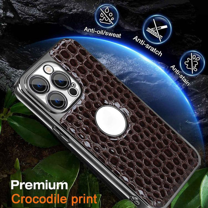 Funda para teléfono con marco galvanizado con textura de cocodrilo perlado y piel vegana., For iPhone 16 Pro Max, For iPhone 16 Pro, For iPhone 16 Plus, For iPhone 16, For iPhone 15 Pro Max, For iPhone 15 Pro, For iPhone 15 Plus, For iPhone 15         ...