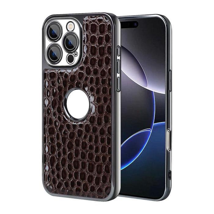 Funda para teléfono con marco galvanizado con textura de cocodrilo perlado y piel vegana., For iPhone 16 Pro Max, For iPhone 16 Pro, For iPhone 16 Plus, For iPhone 16, For iPhone 15 Pro Max, For iPhone 15 Pro, For iPhone 15 Plus, For iPhone 15         ...