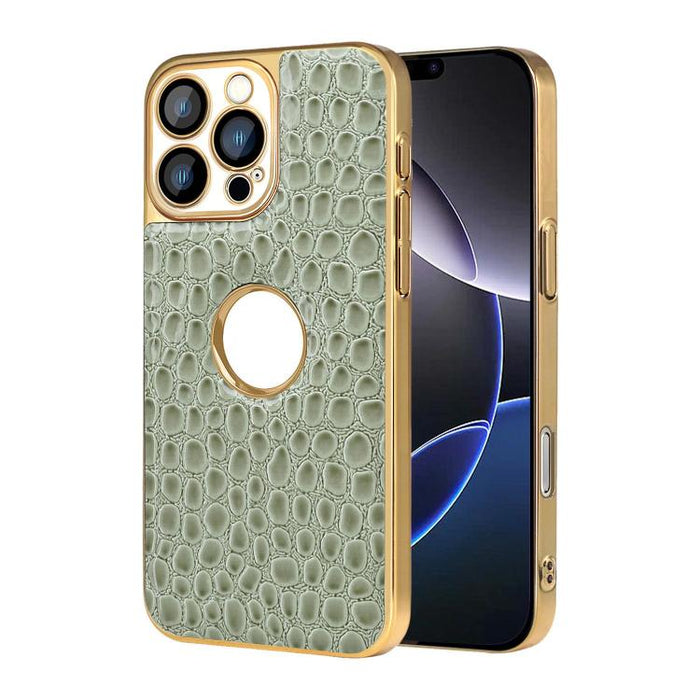 Funda para teléfono con marco galvanizado con textura de cocodrilo perlado y piel vegana., For iPhone 16 Pro Max, For iPhone 16 Pro, For iPhone 16 Plus, For iPhone 16, For iPhone 15 Pro Max, For iPhone 15 Pro, For iPhone 15 Plus, For iPhone 15         ...
