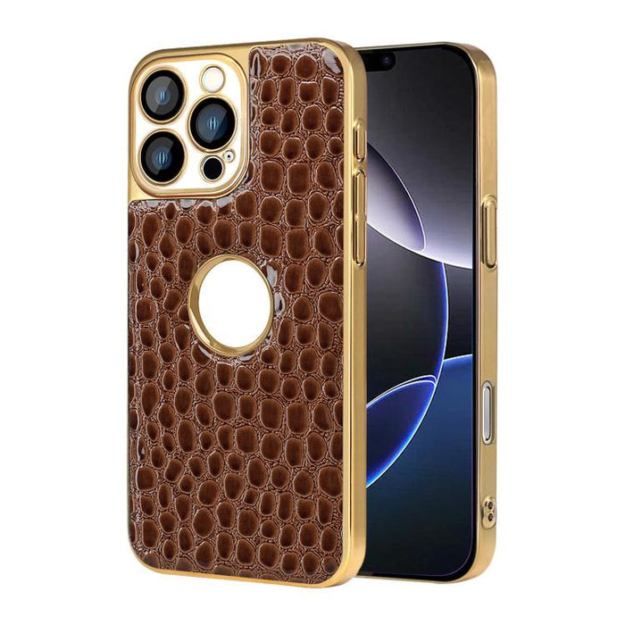 Funda para teléfono con marco galvanizado con textura de cocodrilo perlado y piel vegana., For iPhone 16 Pro Max, For iPhone 16 Pro, For iPhone 16 Plus, For iPhone 16, For iPhone 15 Pro Max, For iPhone 15 Pro, For iPhone 15 Plus, For iPhone 15         ...