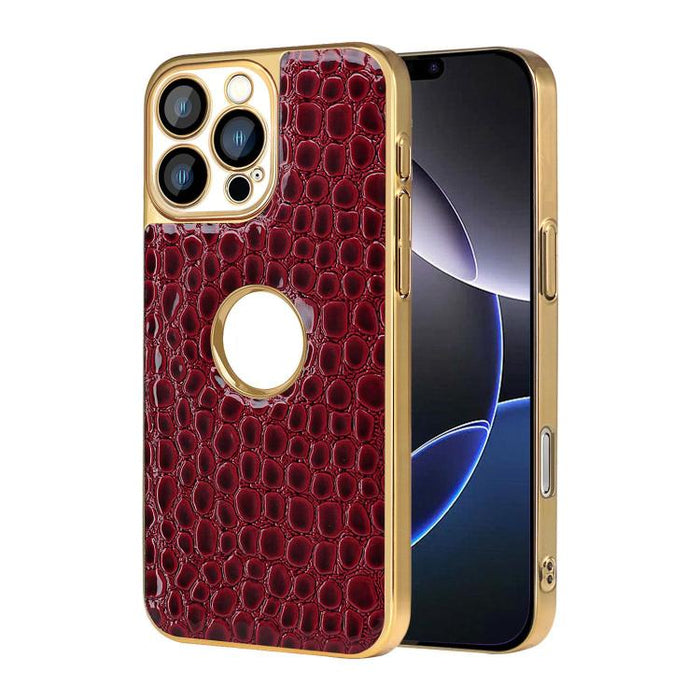 Funda para teléfono con marco galvanizado con textura de cocodrilo perlado y piel vegana., For iPhone 16 Pro Max, For iPhone 16 Pro, For iPhone 16 Plus, For iPhone 16, For iPhone 15 Pro Max, For iPhone 15 Pro, For iPhone 15 Plus, For iPhone 15         ...