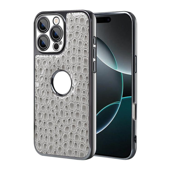 Funda para teléfono con marco galvanizado con textura de cocodrilo perlado y piel vegana., For iPhone 16 Pro Max, For iPhone 16 Pro, For iPhone 16 Plus, For iPhone 16, For iPhone 15 Pro Max, For iPhone 15 Pro, For iPhone 15 Plus, For iPhone 15         ...