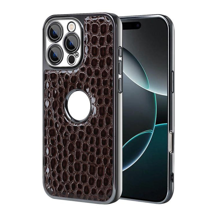 Funda para teléfono con marco galvanizado con textura de cocodrilo perlado y piel vegana., For iPhone 16 Pro Max, For iPhone 16 Pro, For iPhone 16 Plus, For iPhone 16, For iPhone 15 Pro Max, For iPhone 15 Pro, For iPhone 15 Plus, For iPhone 15         ...