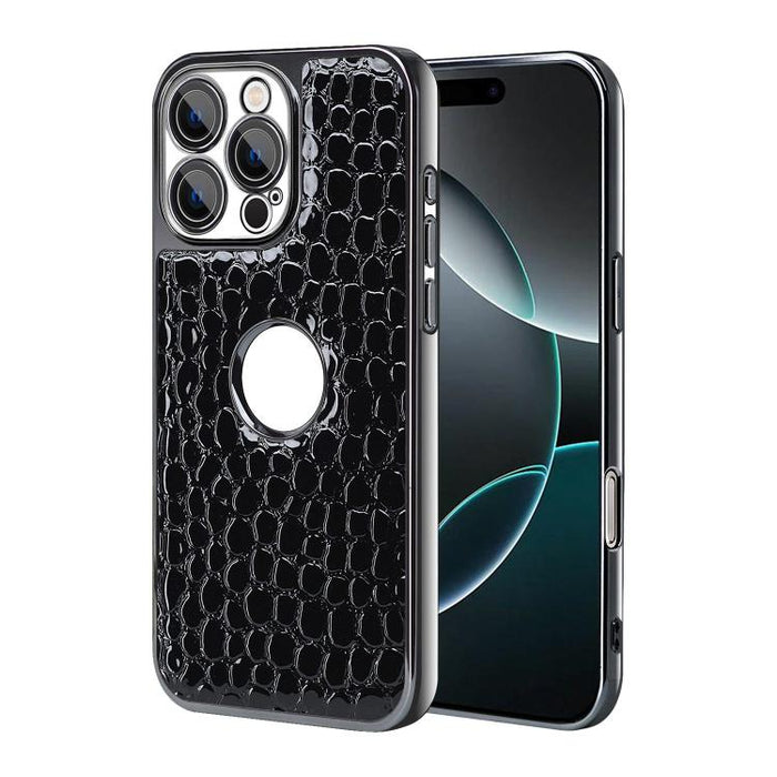 Funda para teléfono con marco galvanizado con textura de cocodrilo perlado y piel vegana., For iPhone 16 Pro Max, For iPhone 16 Pro, For iPhone 16 Plus, For iPhone 16, For iPhone 15 Pro Max, For iPhone 15 Pro, For iPhone 15 Plus, For iPhone 15         ...