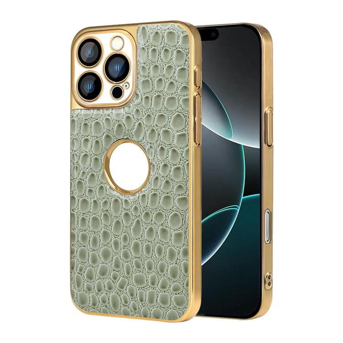 Funda para teléfono con marco galvanizado con textura de cocodrilo perlado y piel vegana., For iPhone 16 Pro Max, For iPhone 16 Pro, For iPhone 16 Plus, For iPhone 16, For iPhone 15 Pro Max, For iPhone 15 Pro, For iPhone 15 Plus, For iPhone 15         ...