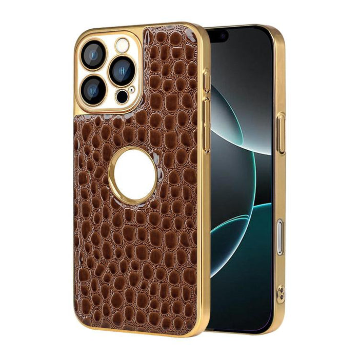 Funda para teléfono con marco galvanizado con textura de cocodrilo perlado y piel vegana., For iPhone 16 Pro Max, For iPhone 16 Pro, For iPhone 16 Plus, For iPhone 16, For iPhone 15 Pro Max, For iPhone 15 Pro, For iPhone 15 Plus, For iPhone 15         ...