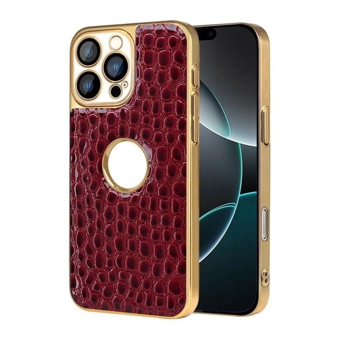 Funda para teléfono con marco galvanizado con textura de cocodrilo perlado y piel vegana., For iPhone 16 Pro Max, For iPhone 16 Pro, For iPhone 16 Plus, For iPhone 16, For iPhone 15 Pro Max, For iPhone 15 Pro, For iPhone 15 Plus, For iPhone 15         ...
