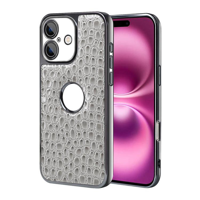 Funda para teléfono con marco galvanizado con textura de cocodrilo perlado y piel vegana., For iPhone 16 Pro Max, For iPhone 16 Pro, For iPhone 16 Plus, For iPhone 16, For iPhone 15 Pro Max, For iPhone 15 Pro, For iPhone 15 Plus, For iPhone 15         ...