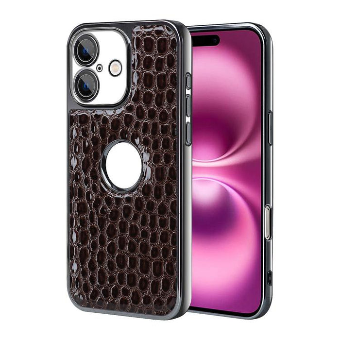Funda para teléfono con marco galvanizado con textura de cocodrilo perlado y piel vegana., For iPhone 16 Pro Max, For iPhone 16 Pro, For iPhone 16 Plus, For iPhone 16, For iPhone 15 Pro Max, For iPhone 15 Pro, For iPhone 15 Plus, For iPhone 15         ...