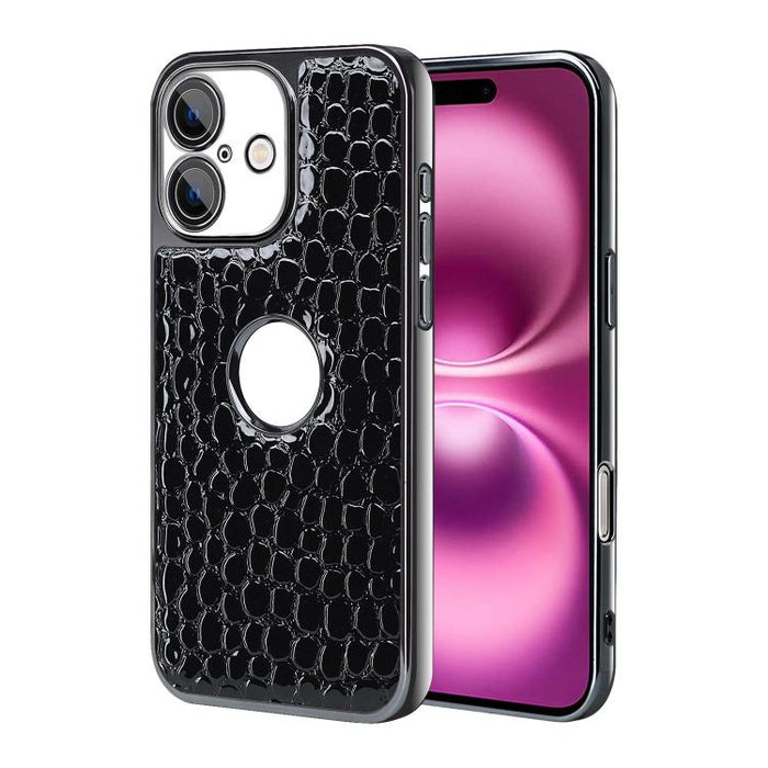 Funda para teléfono con marco galvanizado con textura de cocodrilo perlado y piel vegana., For iPhone 16 Pro Max, For iPhone 16 Pro, For iPhone 16 Plus, For iPhone 16, For iPhone 15 Pro Max, For iPhone 15 Pro, For iPhone 15 Plus, For iPhone 15         ...
