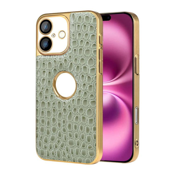 Funda para teléfono con marco galvanizado con textura de cocodrilo perlado y piel vegana., For iPhone 16 Pro Max, For iPhone 16 Pro, For iPhone 16 Plus, For iPhone 16, For iPhone 15 Pro Max, For iPhone 15 Pro, For iPhone 15 Plus, For iPhone 15         ...