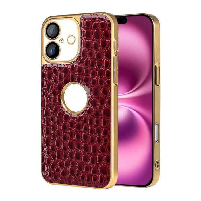 Funda para teléfono con marco galvanizado con textura de cocodrilo perlado y piel vegana., For iPhone 16 Pro Max, For iPhone 16 Pro, For iPhone 16 Plus, For iPhone 16, For iPhone 15 Pro Max, For iPhone 15 Pro, For iPhone 15 Plus, For iPhone 15         ...