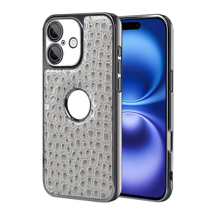 Funda para teléfono con marco galvanizado con textura de cocodrilo perlado y piel vegana., For iPhone 16 Pro Max, For iPhone 16 Pro, For iPhone 16 Plus, For iPhone 16, For iPhone 15 Pro Max, For iPhone 15 Pro, For iPhone 15 Plus, For iPhone 15         ...