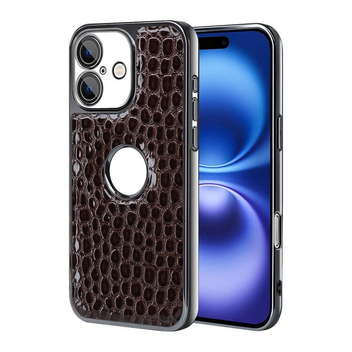 Funda para teléfono con marco galvanizado con textura de cocodrilo perlado y piel vegana., For iPhone 16 Pro Max, For iPhone 16 Pro, For iPhone 16 Plus, For iPhone 16, For iPhone 15 Pro Max, For iPhone 15 Pro, For iPhone 15 Plus, For iPhone 15         ...