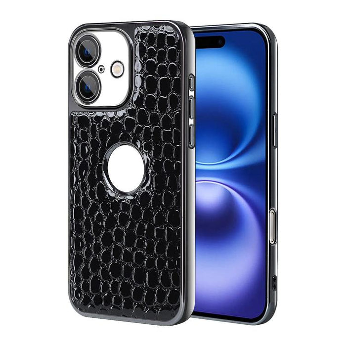 Funda para teléfono con marco galvanizado con textura de cocodrilo perlado y piel vegana., For iPhone 16 Pro Max, For iPhone 16 Pro, For iPhone 16 Plus, For iPhone 16, For iPhone 15 Pro Max, For iPhone 15 Pro, For iPhone 15 Plus, For iPhone 15         ...