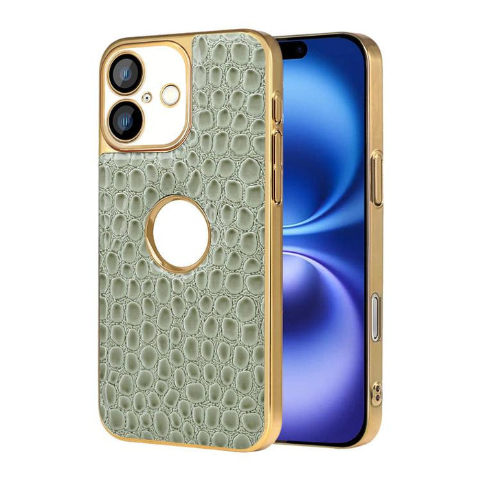 Funda para teléfono con marco galvanizado con textura de cocodrilo perlado y piel vegana., For iPhone 16 Pro Max, For iPhone 16 Pro, For iPhone 16 Plus, For iPhone 16, For iPhone 15 Pro Max, For iPhone 15 Pro, For iPhone 15 Plus, For iPhone 15         ...