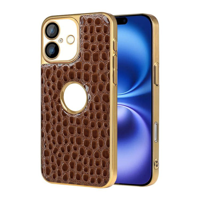 Funda para teléfono con marco galvanizado con textura de cocodrilo perlado y piel vegana., For iPhone 16 Pro Max, For iPhone 16 Pro, For iPhone 16 Plus, For iPhone 16, For iPhone 15 Pro Max, For iPhone 15 Pro, For iPhone 15 Plus, For iPhone 15         ...