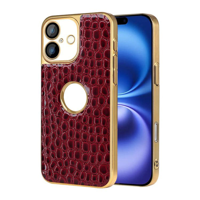 Funda para teléfono con marco galvanizado con textura de cocodrilo perlado y piel vegana., For iPhone 16 Pro Max, For iPhone 16 Pro, For iPhone 16 Plus, For iPhone 16, For iPhone 15 Pro Max, For iPhone 15 Pro, For iPhone 15 Plus, For iPhone 15         ...