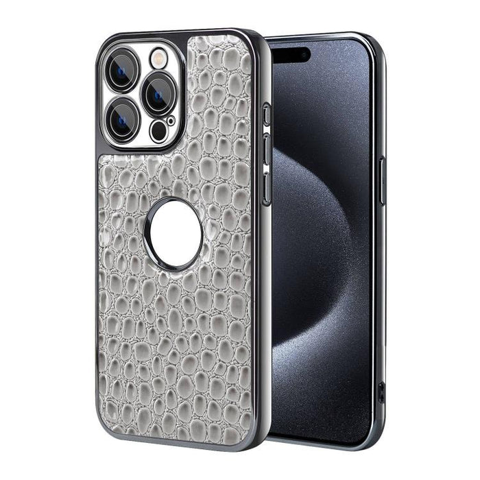 Funda para teléfono con marco galvanizado con textura de cocodrilo perlado y piel vegana., For iPhone 16 Pro Max, For iPhone 16 Pro, For iPhone 16 Plus, For iPhone 16, For iPhone 15 Pro Max, For iPhone 15 Pro, For iPhone 15 Plus, For iPhone 15         ...