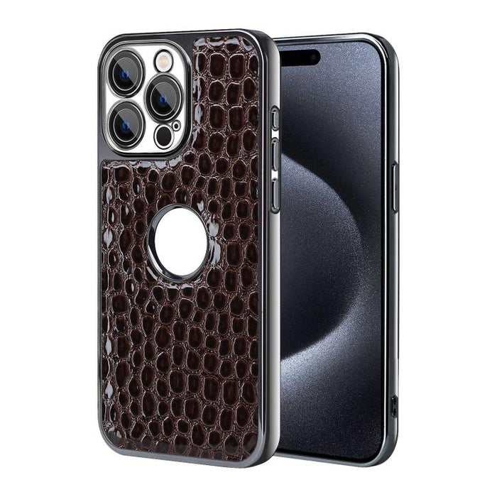Funda para teléfono con marco galvanizado con textura de cocodrilo perlado y piel vegana., For iPhone 16 Pro Max, For iPhone 16 Pro, For iPhone 16 Plus, For iPhone 16, For iPhone 15 Pro Max, For iPhone 15 Pro, For iPhone 15 Plus, For iPhone 15         ...