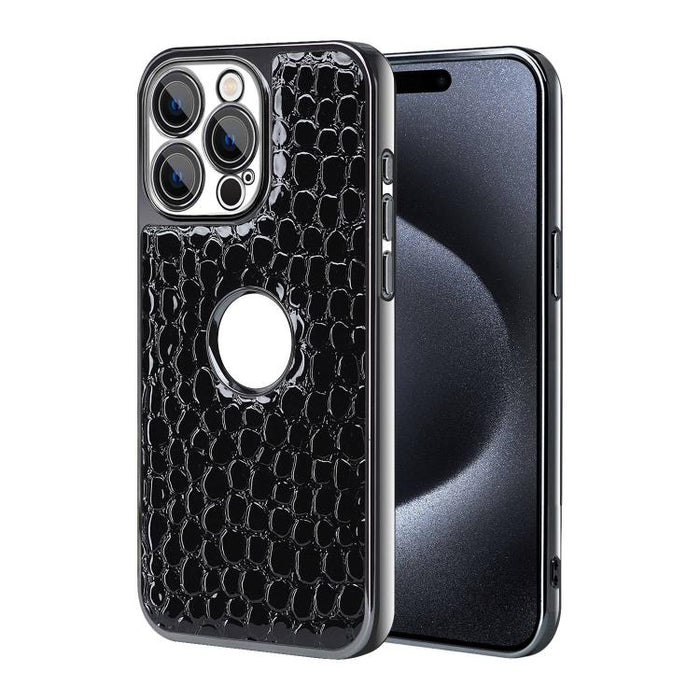 Funda para teléfono con marco galvanizado con textura de cocodrilo perlado y piel vegana., For iPhone 16 Pro Max, For iPhone 16 Pro, For iPhone 16 Plus, For iPhone 16, For iPhone 15 Pro Max, For iPhone 15 Pro, For iPhone 15 Plus, For iPhone 15         ...