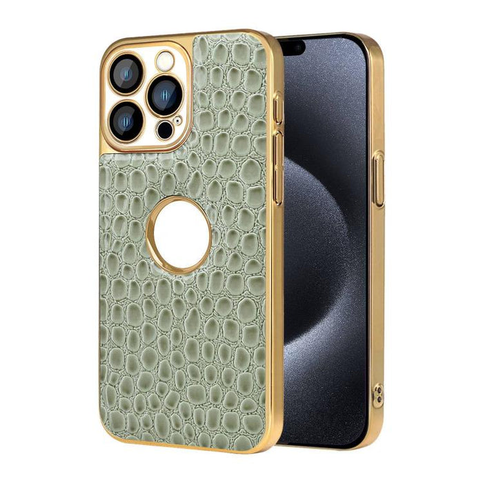 Funda para teléfono con marco galvanizado con textura de cocodrilo perlado y piel vegana., For iPhone 16 Pro Max, For iPhone 16 Pro, For iPhone 16 Plus, For iPhone 16, For iPhone 15 Pro Max, For iPhone 15 Pro, For iPhone 15 Plus, For iPhone 15         ...