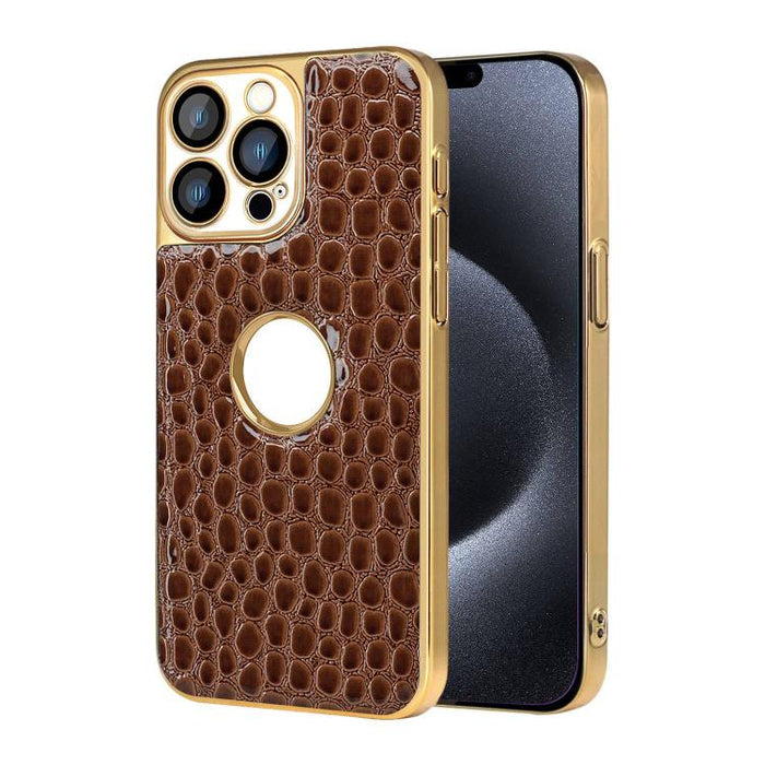 Funda para teléfono con marco galvanizado con textura de cocodrilo perlado y piel vegana., For iPhone 16 Pro Max, For iPhone 16 Pro, For iPhone 16 Plus, For iPhone 16, For iPhone 15 Pro Max, For iPhone 15 Pro, For iPhone 15 Plus, For iPhone 15         ...