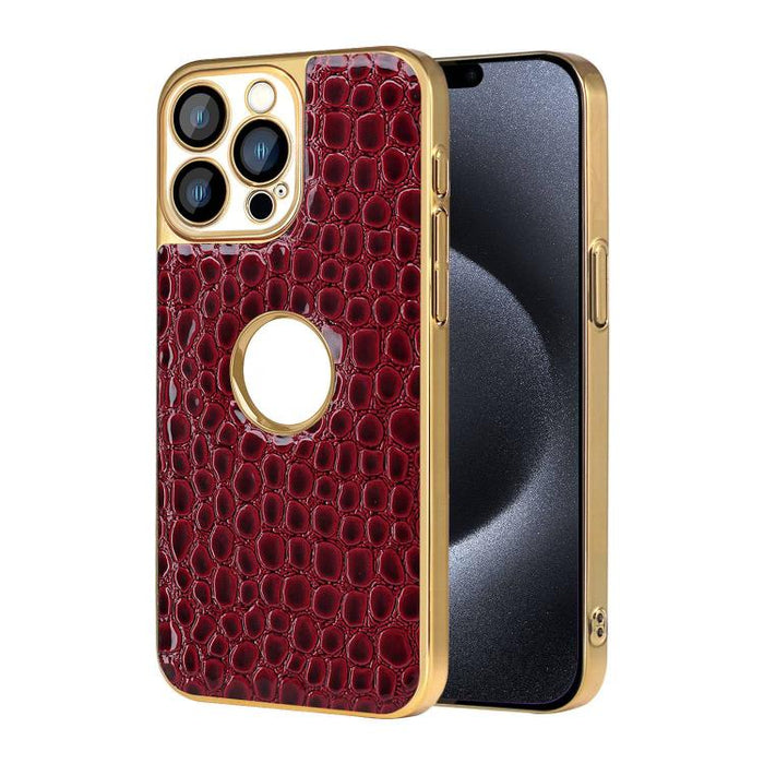 Funda para teléfono con marco galvanizado con textura de cocodrilo perlado y piel vegana., For iPhone 16 Pro Max, For iPhone 16 Pro, For iPhone 16 Plus, For iPhone 16, For iPhone 15 Pro Max, For iPhone 15 Pro, For iPhone 15 Plus, For iPhone 15         ...