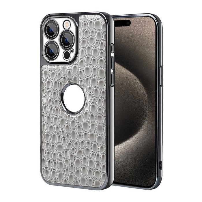 Funda para teléfono con marco galvanizado con textura de cocodrilo perlado y piel vegana., For iPhone 16 Pro Max, For iPhone 16 Pro, For iPhone 16 Plus, For iPhone 16, For iPhone 15 Pro Max, For iPhone 15 Pro, For iPhone 15 Plus, For iPhone 15         ...