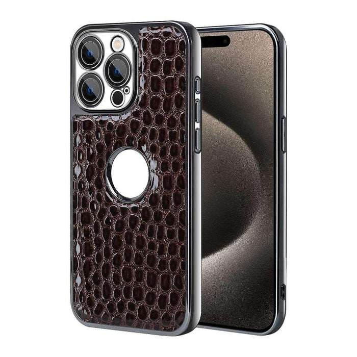 Funda para teléfono con marco galvanizado con textura de cocodrilo perlado y piel vegana., For iPhone 16 Pro Max, For iPhone 16 Pro, For iPhone 16 Plus, For iPhone 16, For iPhone 15 Pro Max, For iPhone 15 Pro, For iPhone 15 Plus, For iPhone 15         ...