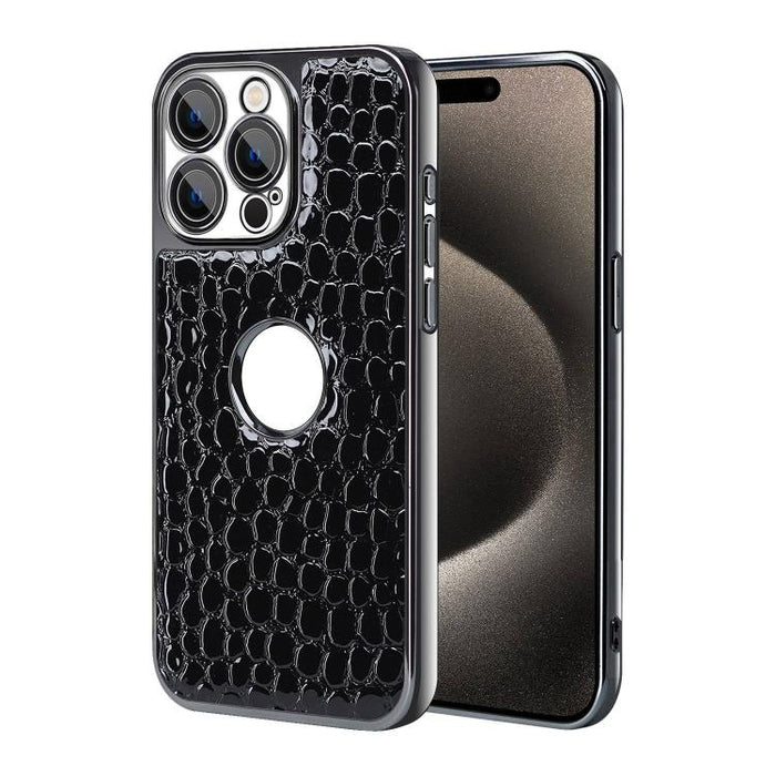 Funda para teléfono con marco galvanizado con textura de cocodrilo perlado y piel vegana., For iPhone 16 Pro Max, For iPhone 16 Pro, For iPhone 16 Plus, For iPhone 16, For iPhone 15 Pro Max, For iPhone 15 Pro, For iPhone 15 Plus, For iPhone 15         ...