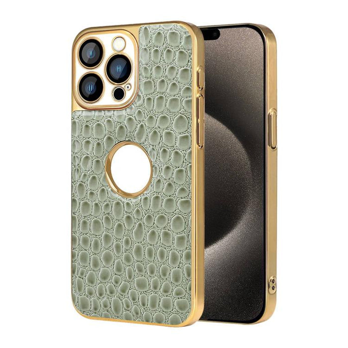 Funda para teléfono con marco galvanizado con textura de cocodrilo perlado y piel vegana., For iPhone 16 Pro Max, For iPhone 16 Pro, For iPhone 16 Plus, For iPhone 16, For iPhone 15 Pro Max, For iPhone 15 Pro, For iPhone 15 Plus, For iPhone 15         ...