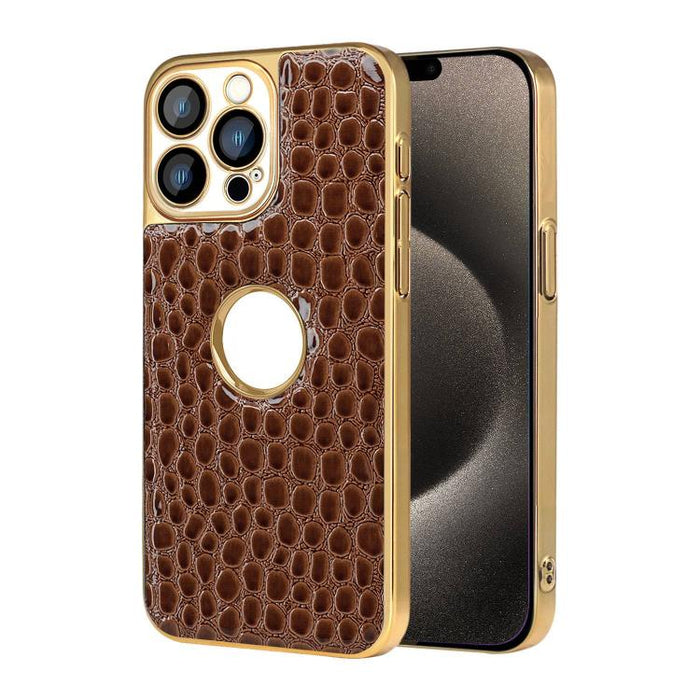 Funda para teléfono con marco galvanizado con textura de cocodrilo perlado y piel vegana., For iPhone 16 Pro Max, For iPhone 16 Pro, For iPhone 16 Plus, For iPhone 16, For iPhone 15 Pro Max, For iPhone 15 Pro, For iPhone 15 Plus, For iPhone 15         ...