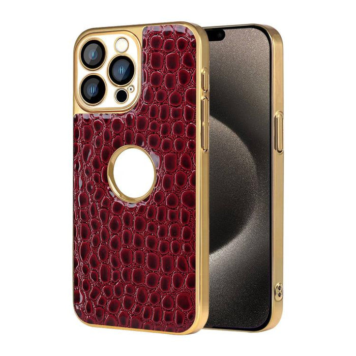 Funda para teléfono con marco galvanizado con textura de cocodrilo perlado y piel vegana., For iPhone 16 Pro Max, For iPhone 16 Pro, For iPhone 16 Plus, For iPhone 16, For iPhone 15 Pro Max, For iPhone 15 Pro, For iPhone 15 Plus, For iPhone 15         ...