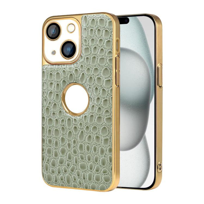 Funda para teléfono con marco galvanizado con textura de cocodrilo perlado y piel vegana., For iPhone 16 Pro Max, For iPhone 16 Pro, For iPhone 16 Plus, For iPhone 16, For iPhone 15 Pro Max, For iPhone 15 Pro, For iPhone 15 Plus, For iPhone 15         ...