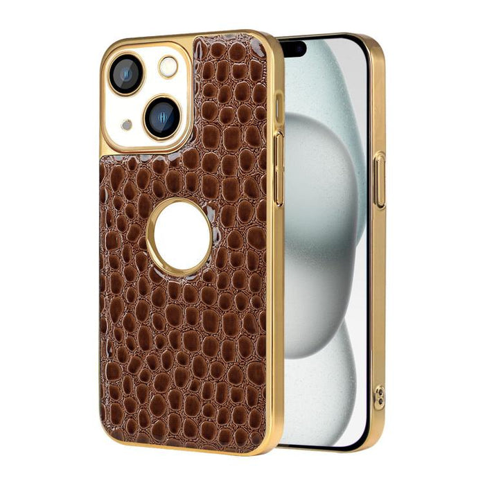 Funda para teléfono con marco galvanizado con textura de cocodrilo perlado y piel vegana., For iPhone 16 Pro Max, For iPhone 16 Pro, For iPhone 16 Plus, For iPhone 16, For iPhone 15 Pro Max, For iPhone 15 Pro, For iPhone 15 Plus, For iPhone 15         ...