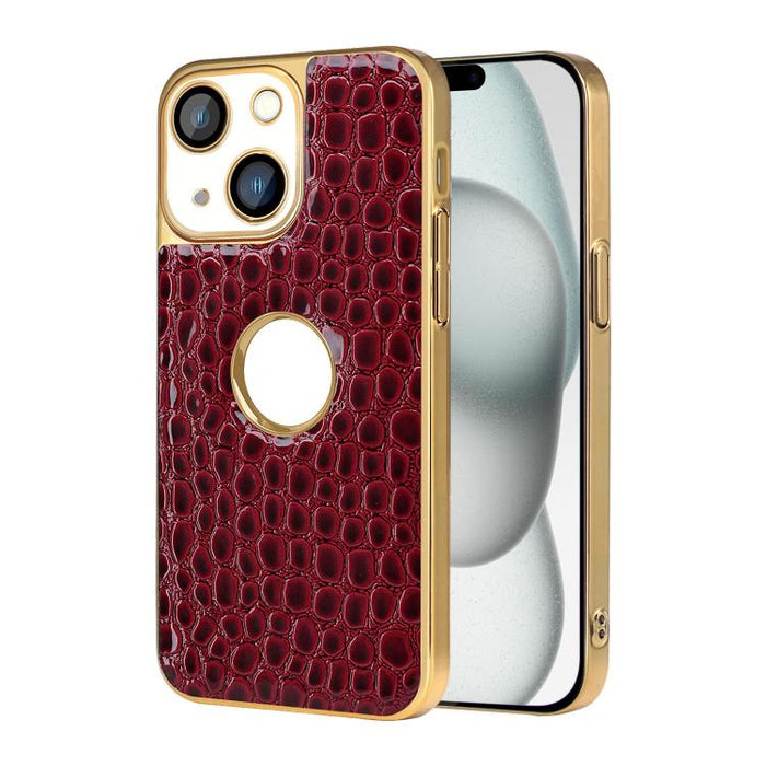 Funda para teléfono con marco galvanizado con textura de cocodrilo perlado y piel vegana., For iPhone 16 Pro Max, For iPhone 16 Pro, For iPhone 16 Plus, For iPhone 16, For iPhone 15 Pro Max, For iPhone 15 Pro, For iPhone 15 Plus, For iPhone 15         ...