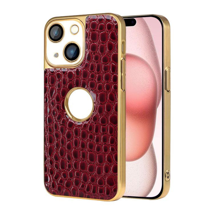 Funda para teléfono con marco galvanizado con textura de cocodrilo perlado y piel vegana., For iPhone 16 Pro Max, For iPhone 16 Pro, For iPhone 16 Plus, For iPhone 16, For iPhone 15 Pro Max, For iPhone 15 Pro, For iPhone 15 Plus, For iPhone 15         ...